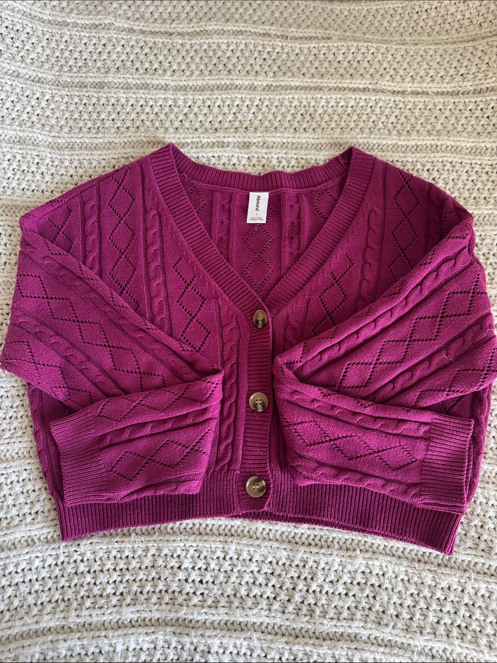 Abound Magenta Cable Knit V-Neck Button Cardigan